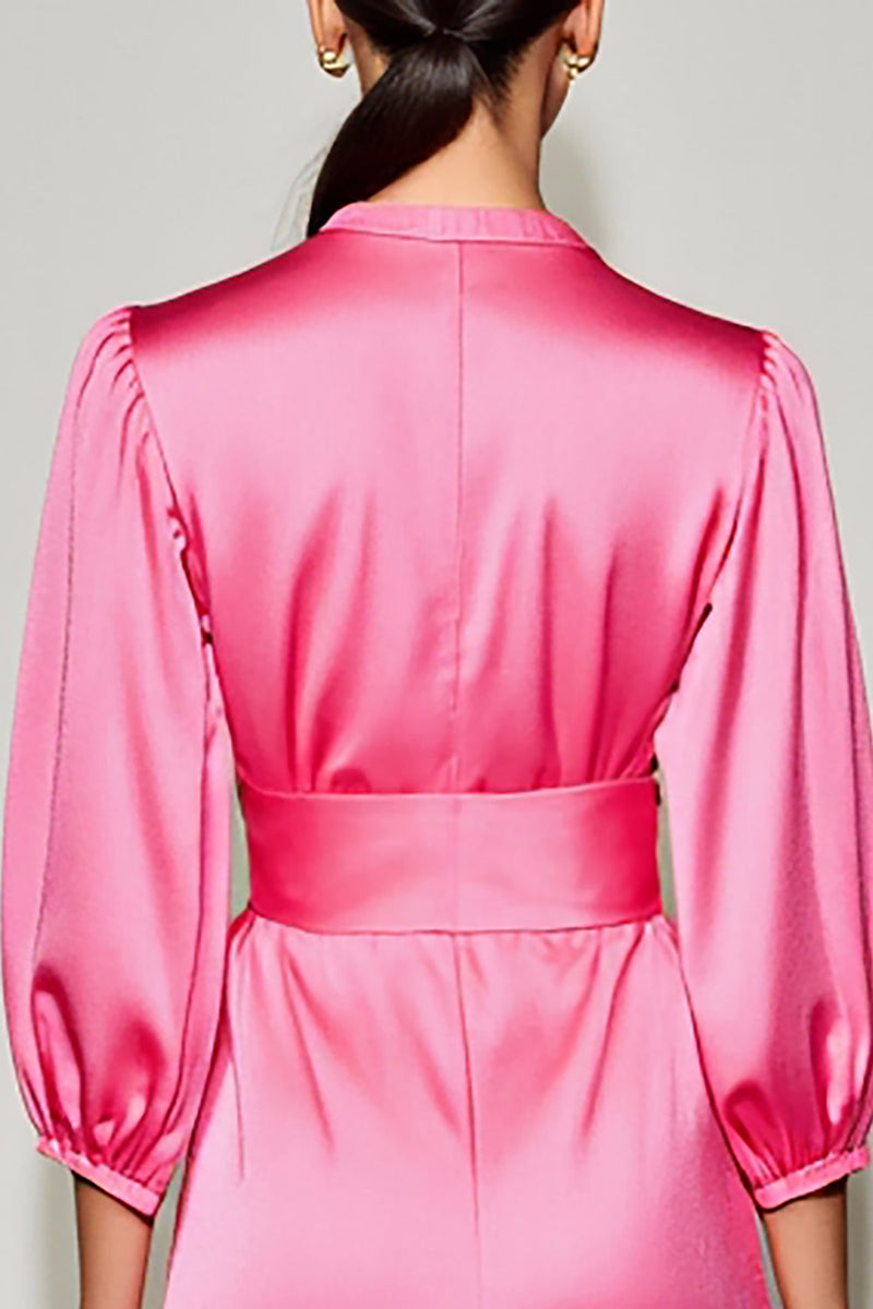 Laden Sie das Bild in den Galerie-Viewer, Rosa Midi Sommerkleid aus Satin mit V-Ausschnitt und halben Ärmeln