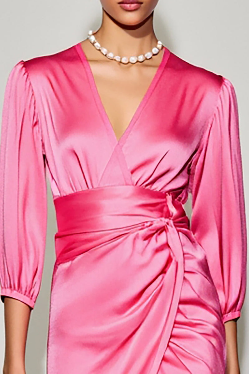 Laden Sie das Bild in den Galerie-Viewer, Rosa Midi Sommerkleid aus Satin mit V-Ausschnitt und halben Ärmeln