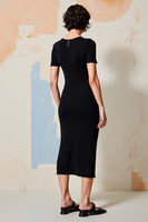Laden Sie das Bild in den Galerie-Viewer, Einfaches Schwarzes Midi Hochzeitskleid mit Rundhalsausschnitt und kurzen Ärmeln