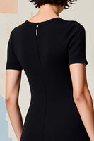 Laden Sie das Bild in den Galerie-Viewer, Einfaches Schwarzes Midi Hochzeitskleid mit Rundhalsausschnitt und kurzen Ärmeln