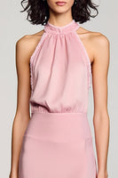 Laden Sie das Bild in den Galerie-Viewer, Rosa Neckholder Rückenfreies Midikleid für Hochzeitsgäste mit Schlitz