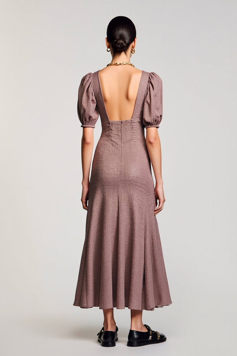 Laden Sie das Bild in den Galerie-Viewer, Kaffee A Linie Langes Hochzeitsgastkleid mit quadratischem Ausschnitt und Puffärmeln