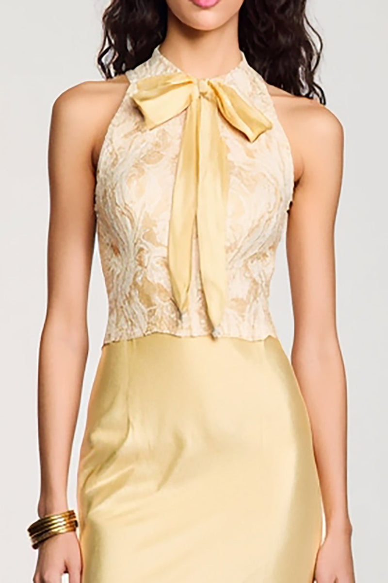 Laden Sie das Bild in den Galerie-Viewer, Gelbes Neckholder Bodycon Midi Kleid mit Schleife für Hochzeitsgäste