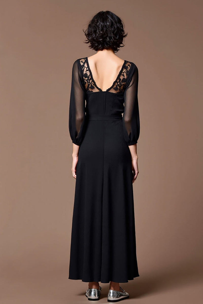 Laden Sie das Bild in den Galerie-Viewer, Schwarzes Spitze Kleid für Hochzeitsgäste in A-Linie