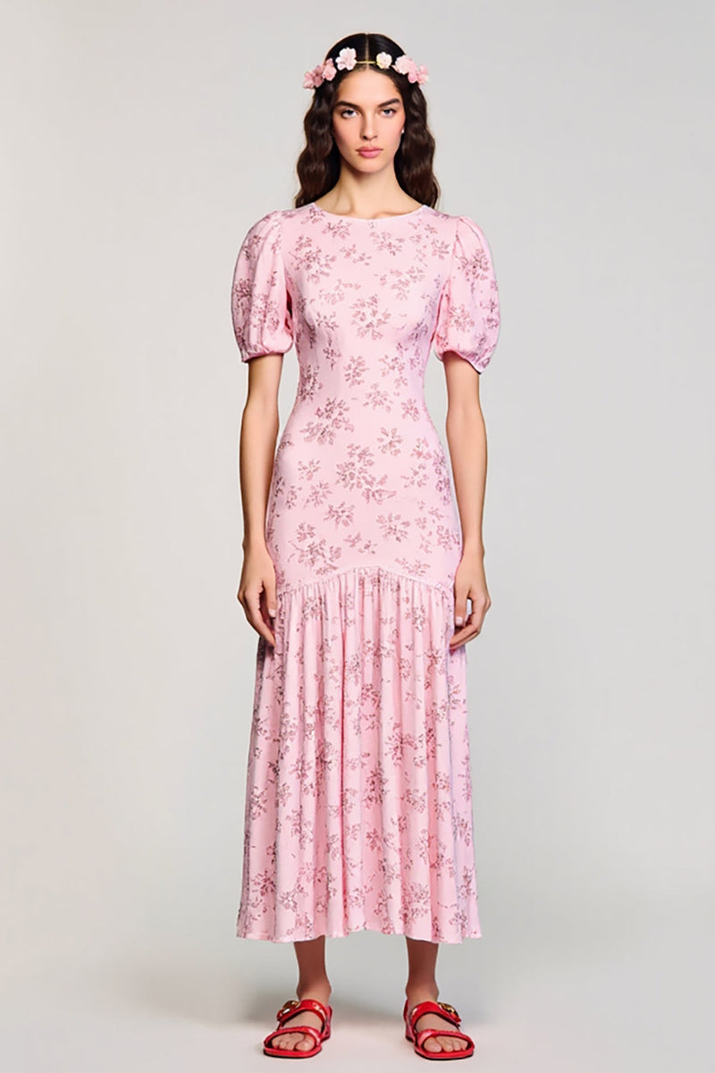 Laden Sie das Bild in den Galerie-Viewer, Rosa Bedrucktes A-Linie Kleid für Hochzeitsgäste