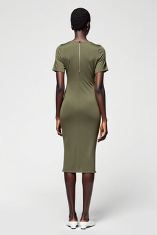 Olive Etui Midi Kleid für Hochzeitsgäste aus Satin