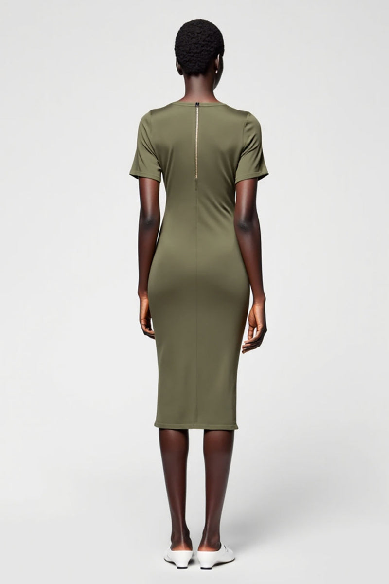 Laden Sie das Bild in den Galerie-Viewer, Olive Etui Midi Kleid für Hochzeitsgäste aus Satin