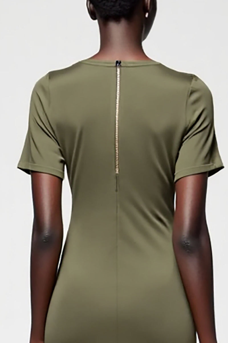 Laden Sie das Bild in den Galerie-Viewer, Olive Etui Midi Kleid für Hochzeitsgäste aus Satin