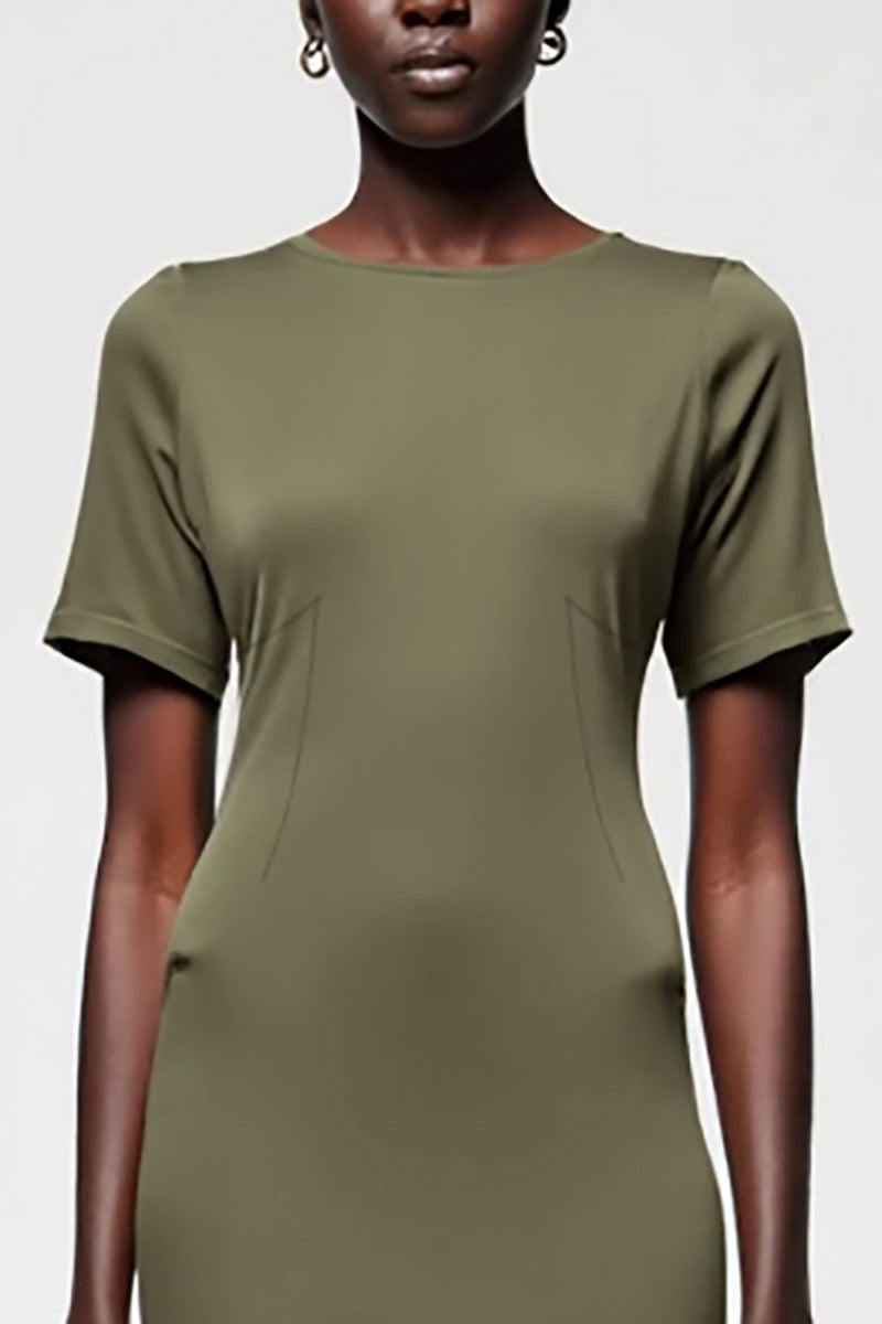 Laden Sie das Bild in den Galerie-Viewer, Olive Etui Midi Kleid für Hochzeitsgäste aus Satin