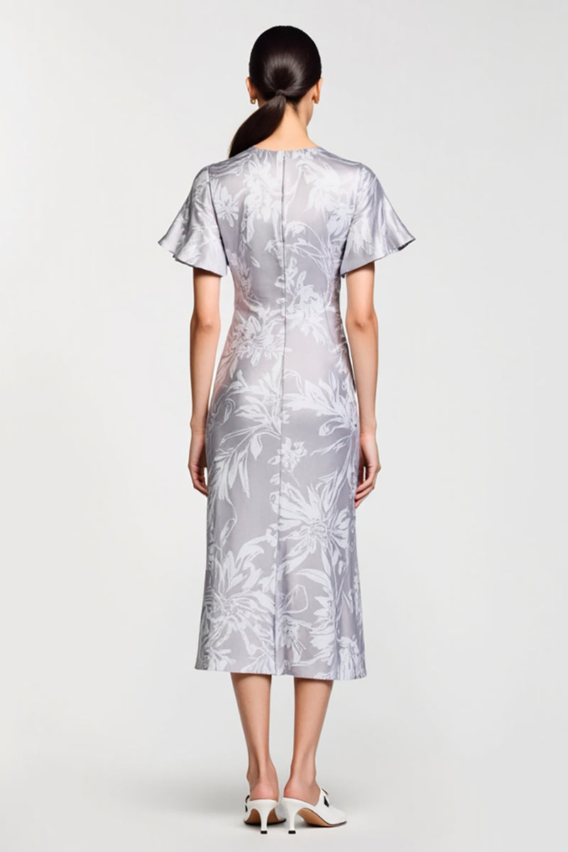 Laden Sie das Bild in den Galerie-Viewer, Grau Bedrucktes Kurzärmeliges Etui Kleid für Hochzeitsgäste