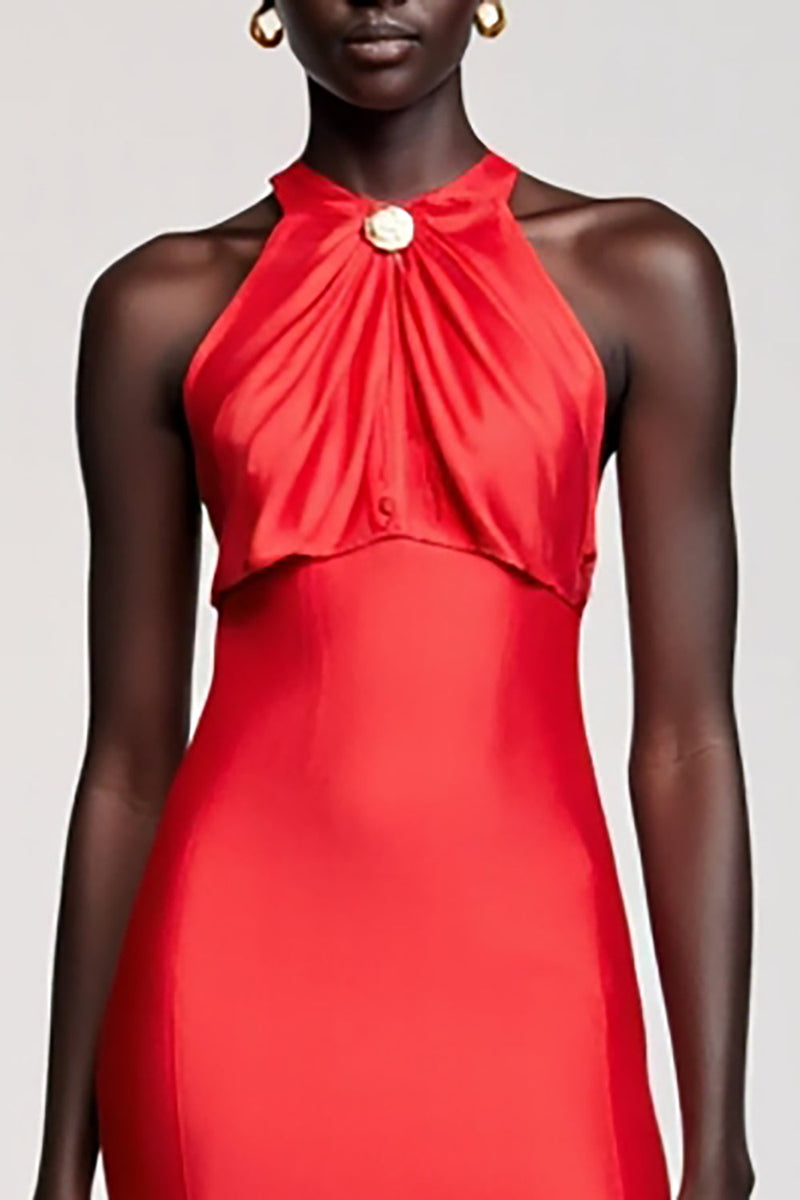 Laden Sie das Bild in den Galerie-Viewer, Neckholder Rotes Etui Rüschen Chiffon Hochzeitsgastkleid