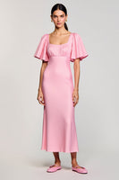 Laden Sie das Bild in den Galerie-Viewer, Rosa Etui Chiffon Quadratischer Ausschnitt Hochzeitsgastkleid