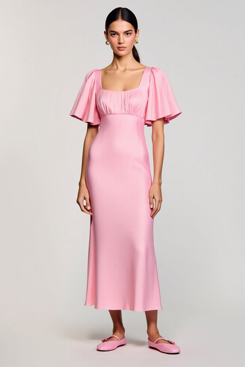 Laden Sie das Bild in den Galerie-Viewer, Rosa Etui Chiffon Quadratischer Ausschnitt Hochzeitsgastkleid