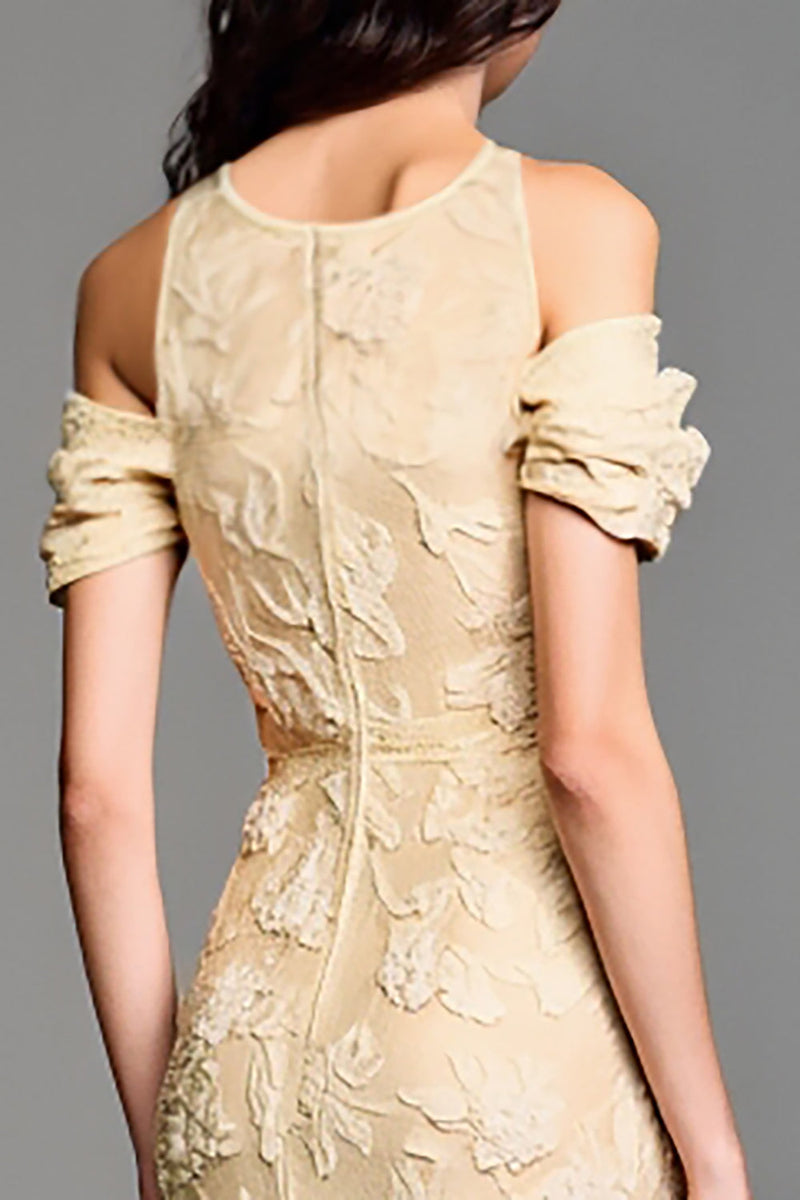 Laden Sie das Bild in den Galerie-Viewer, Jacquard Gelbes Schulterfreies A-Linie Kleid für Hochzeitsgäste