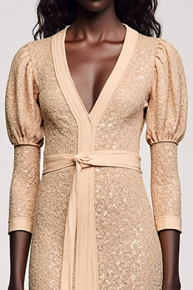 Laden Sie das Bild in den Galerie-Viewer, Jacquard Aprikose V-Ausschnitt Etuikleid für Hochzeitsgäste