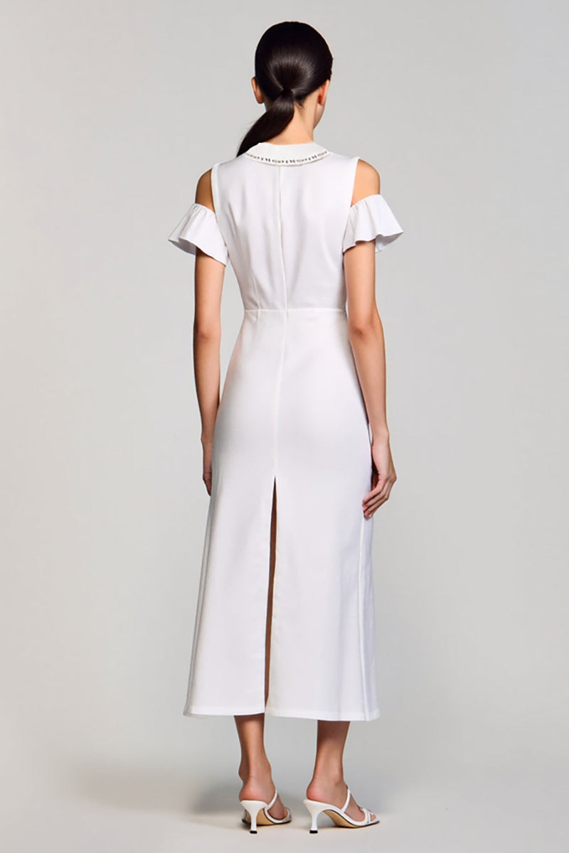 Laden Sie das Bild in den Galerie-Viewer, Schulterfreies Weißes A-Linie Kleid für Hochzeitsgäste aus Baumwolle