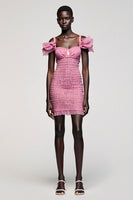 Laden Sie das Bild in den Galerie-Viewer, Rosa Jacquard Kalte Schulter Etui Mini Hochzeitsgastkleid