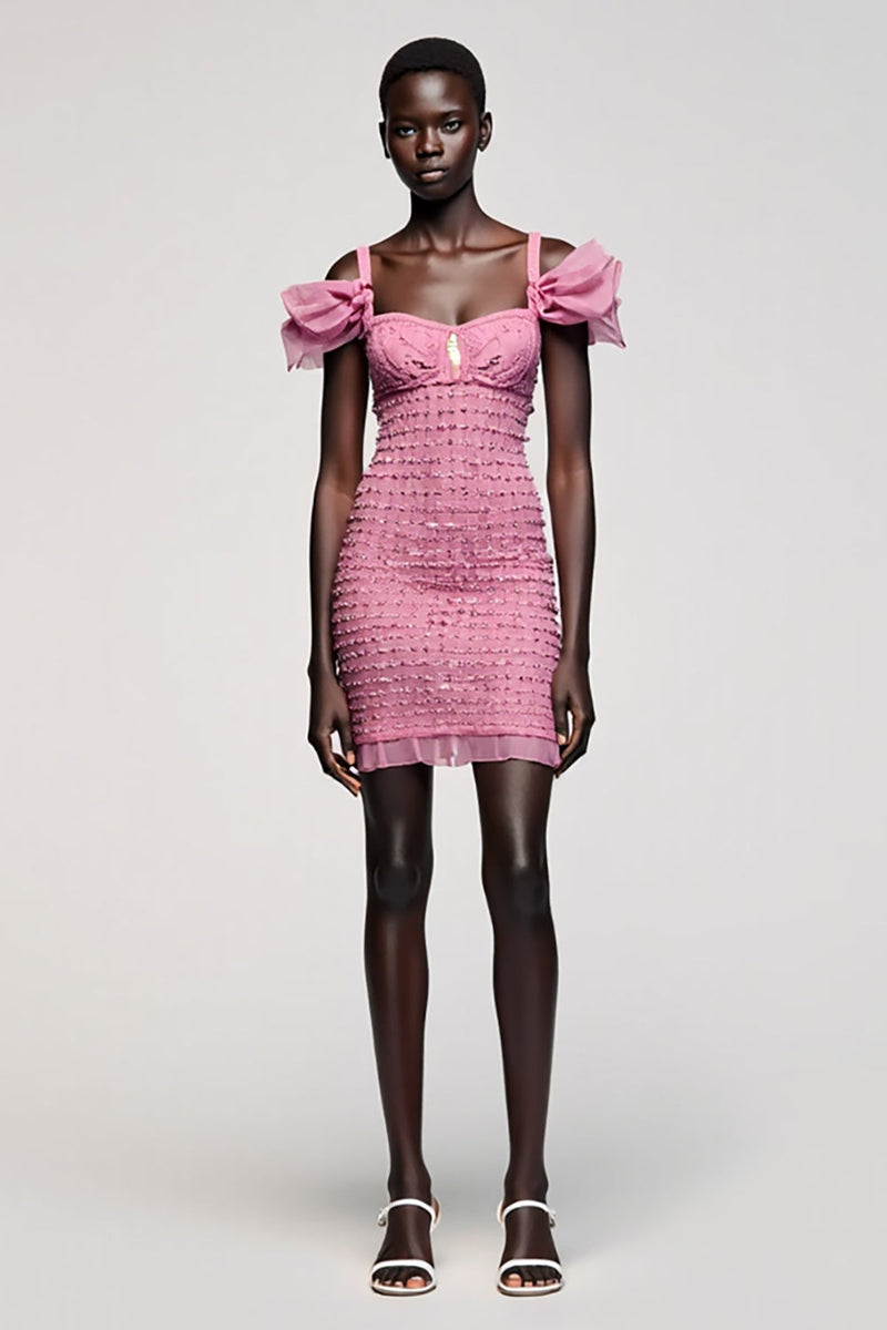 Laden Sie das Bild in den Galerie-Viewer, Rosa Jacquard Kalte Schulter Etui Mini Hochzeitsgastkleid