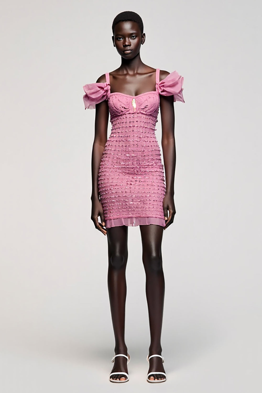 Rosa Jacquard Kalte Schulter Etui Mini Hochzeitsgastkleid