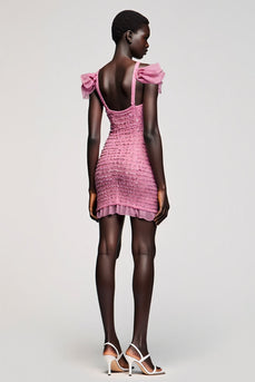 Rosa Jacquard Kalte Schulter Etui Mini Hochzeitsgastkleid