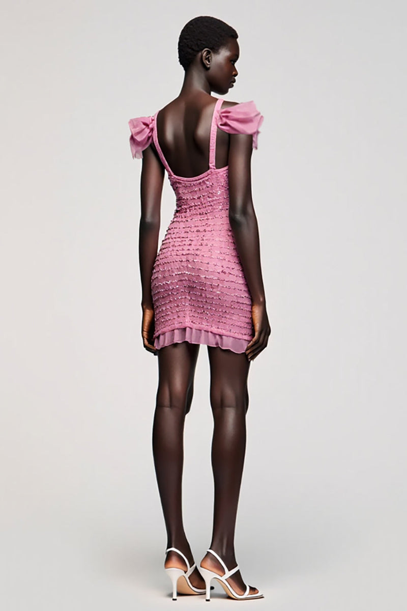 Laden Sie das Bild in den Galerie-Viewer, Rosa Jacquard Kalte Schulter Etui Mini Hochzeitsgastkleid