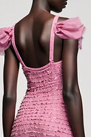 Laden Sie das Bild in den Galerie-Viewer, Rosa Jacquard Kalte Schulter Etui Mini Hochzeitsgastkleid