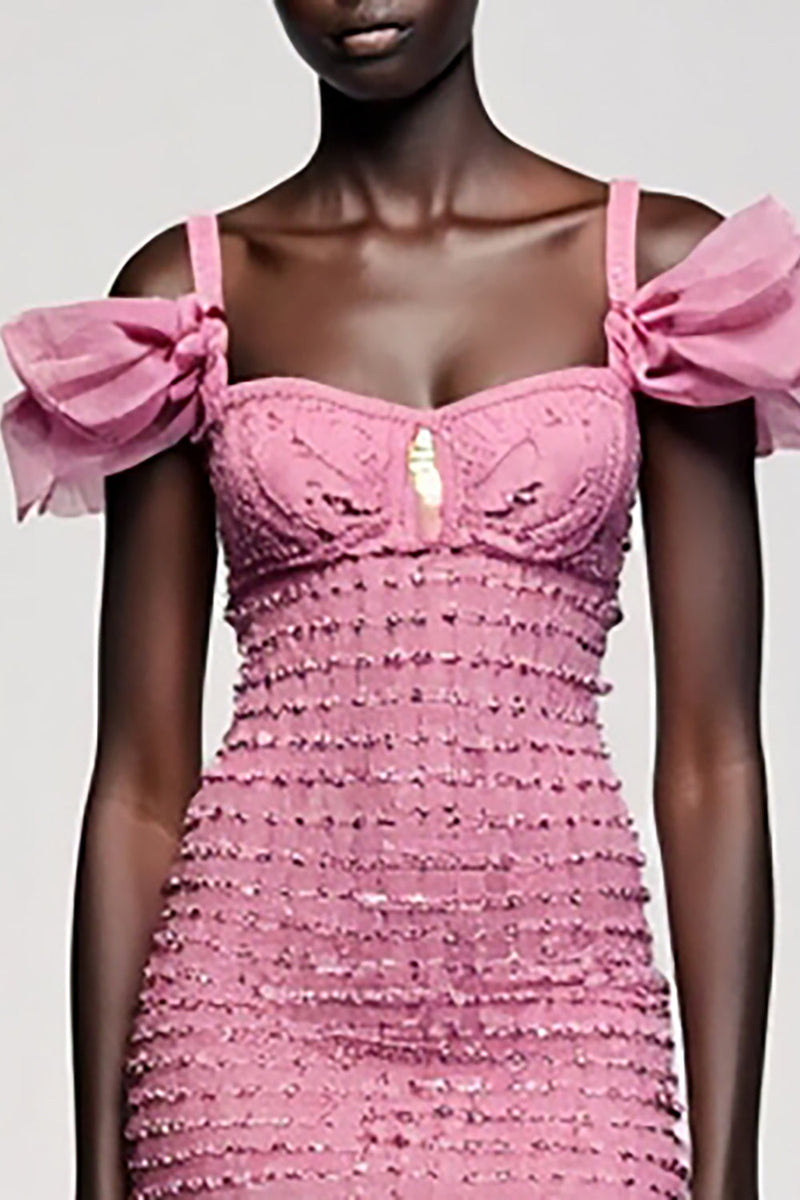 Laden Sie das Bild in den Galerie-Viewer, Rosa Jacquard Kalte Schulter Etui Mini Hochzeitsgastkleid