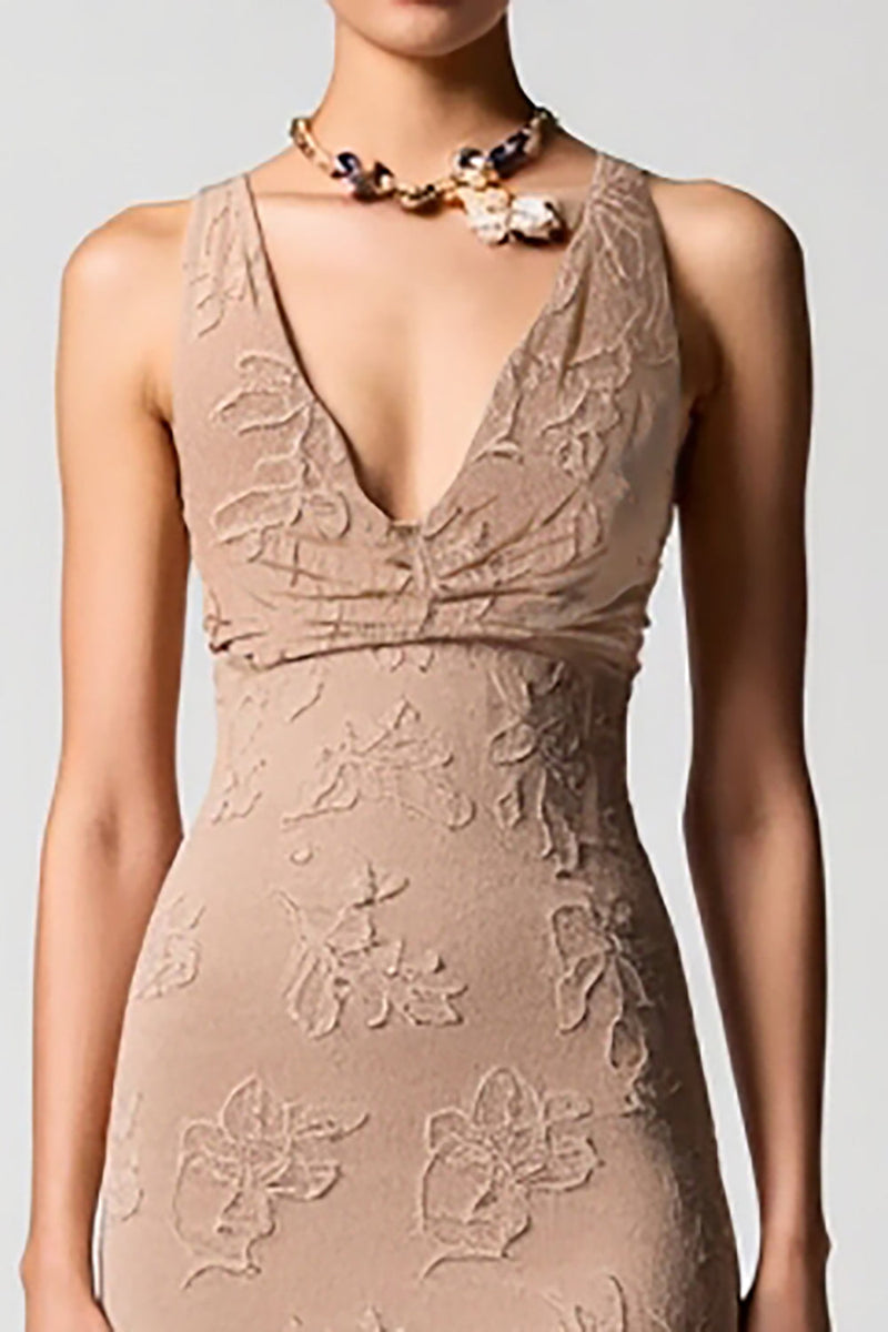 Laden Sie das Bild in den Galerie-Viewer, Desert Rose Jacquard Kleid für Hochzeitsgäste mit V-Ausschnitt