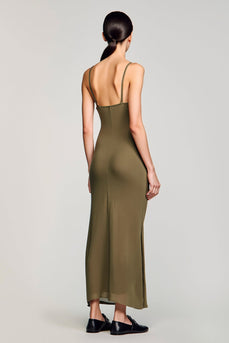 Olive Chiffon Spaghettiträger Hochzeitsgastkleid mit Schleife
