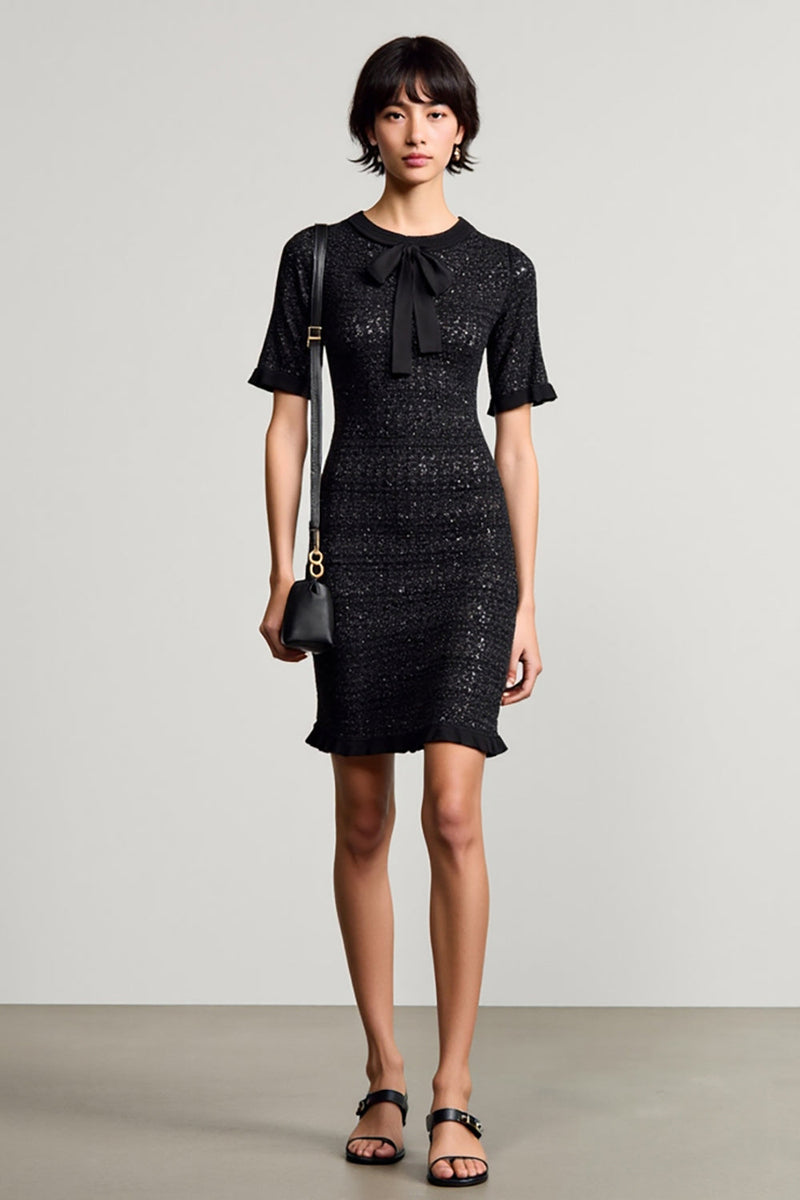 Laden Sie das Bild in den Galerie-Viewer, Schwarzes Hochzeitsgastkleid aus Jersey mit Rundhalsausschnitt