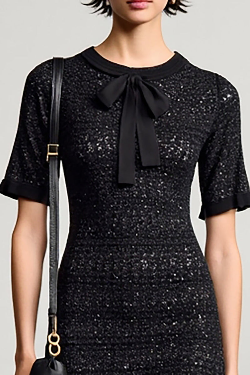 Laden Sie das Bild in den Galerie-Viewer, Schwarzes Hochzeitsgastkleid aus Jersey mit Rundhalsausschnitt