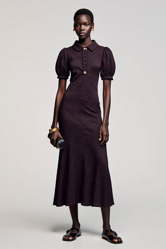 Dunkelviolettes Jacquard A-Linie Midikleid für Hochzeitsgäste