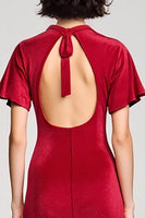 Laden Sie das Bild in den Galerie-Viewer, Rotes Hochzeitsgastkleid aus Samt mit V-Ausschnitt und Schlitz