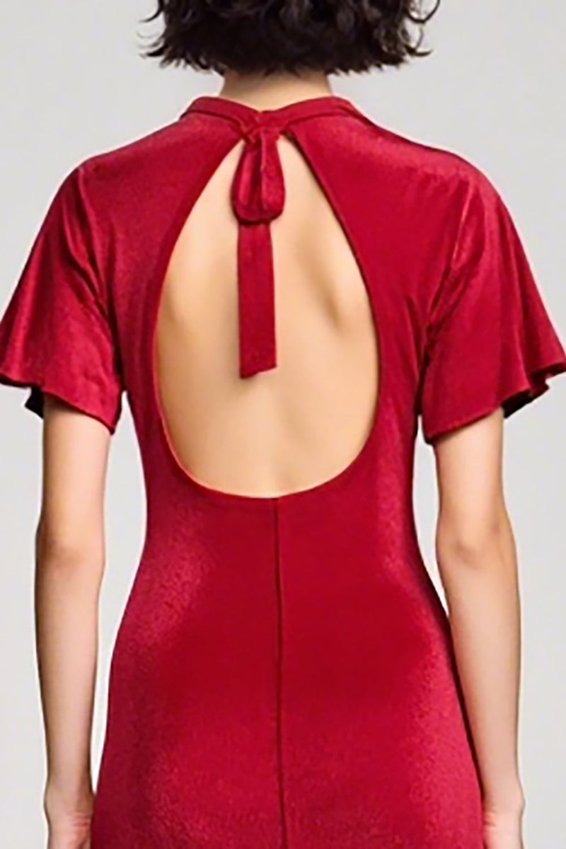 Laden Sie das Bild in den Galerie-Viewer, Rotes Hochzeitsgastkleid aus Samt mit V-Ausschnitt und Schlitz