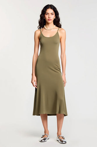 Olive Jersey Spaghettiträger A Linie Hochzeitsgastkleid