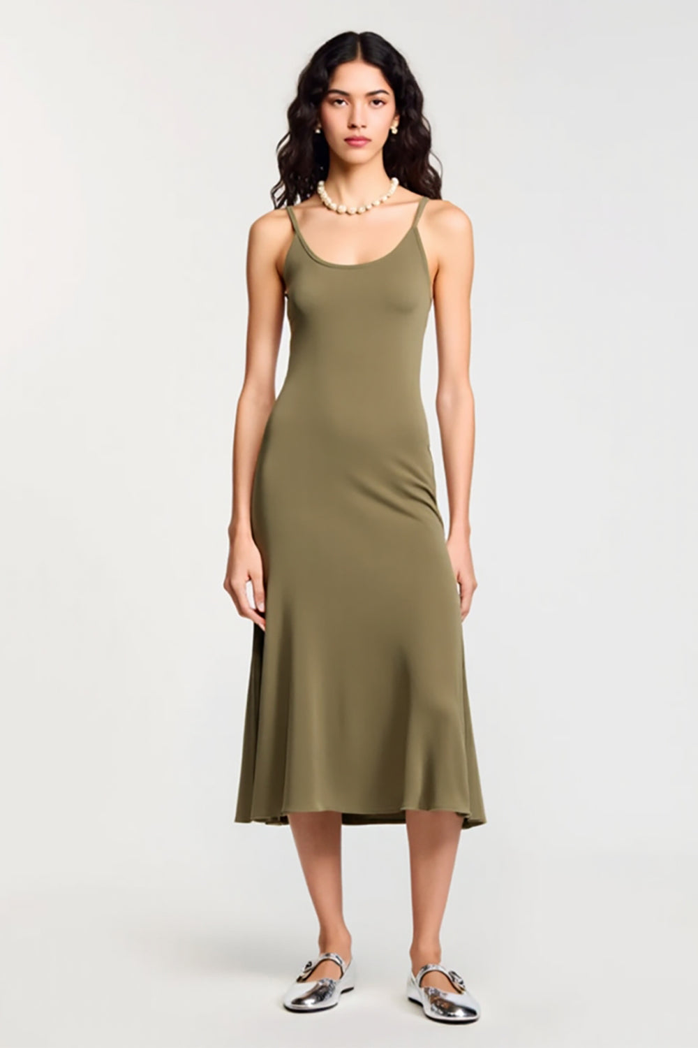 Olive Jersey Spaghettiträger A Linie Hochzeitsgastkleid