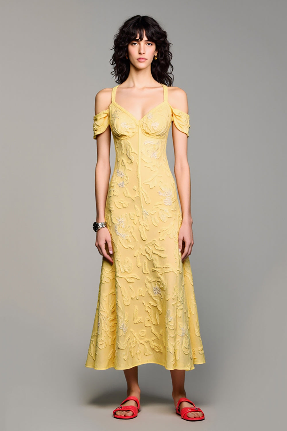 Kalte Schulter A Line Gelbes Jacquard Hochzeitsgastkleid