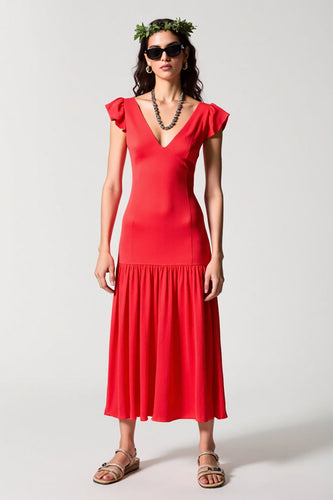 Rotes Chiffon A-Linie Hochzeitsgastkleid mit V-Ausschnitt