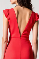 Laden Sie das Bild in den Galerie-Viewer, Rotes Chiffon A-Linie Hochzeitsgastkleid mit V-Ausschnitt