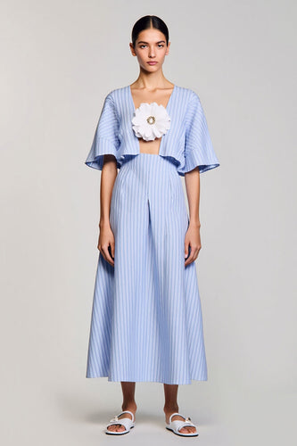 Blaues A-Linie Gestreiftes 3D-Blumen Kleid für Hochzeitsgäste