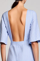 Laden Sie das Bild in den Galerie-Viewer, Blaues A-Linie Gestreiftes 3D-Blumen Kleid für Hochzeitsgäste