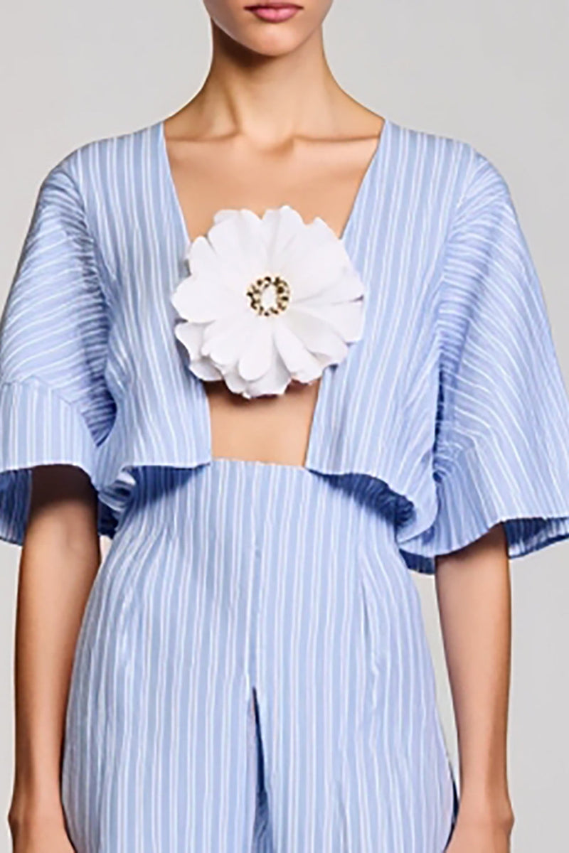 Laden Sie das Bild in den Galerie-Viewer, Blaues A-Linie Gestreiftes 3D-Blumen Kleid für Hochzeitsgäste