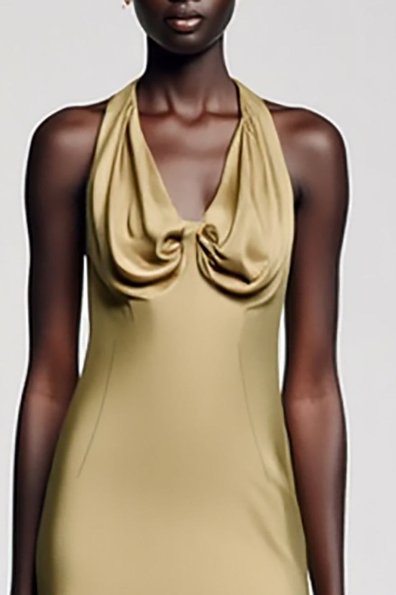 Laden Sie das Bild in den Galerie-Viewer, Goldenes Neckholder Satin A-Linie Hochzeitsgastkleid