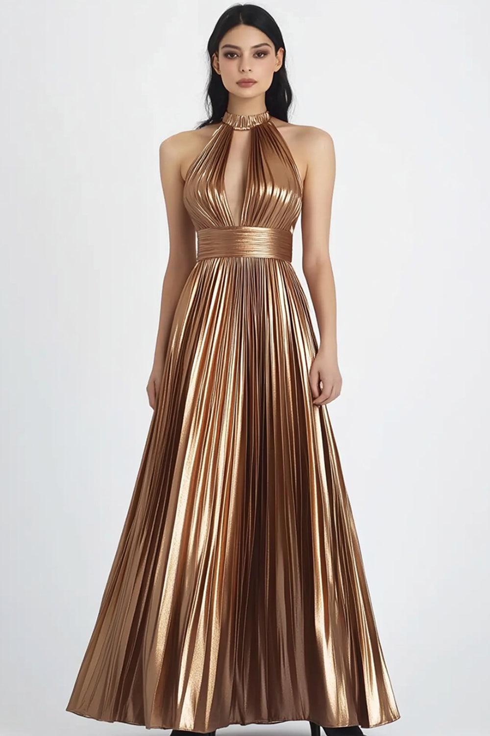 Gold Metallic Satin A-Linie Plissee Neckholder Abendkleid