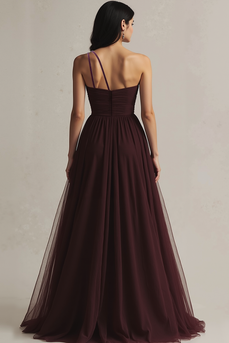 Burgundy A-Linie Tüll Abendkleid mit einer Schulter