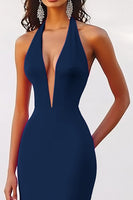 Laden Sie das Bild in den Galerie-Viewer, Tiefes V-Ausschnitt Neckholder Meerjungfrau Fuchsia Abendkleid