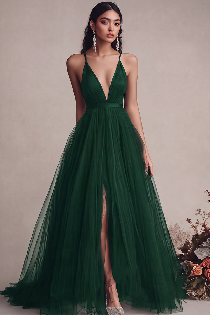 Laden Sie das Bild in den Galerie-Viewer, Schwarzes Langes Abendkleid aus Tüll mit Spaghettiträgern und Schlitz in A-Linie