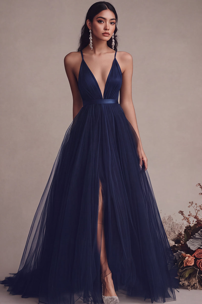 Laden Sie das Bild in den Galerie-Viewer, Schwarzes Langes Abendkleid aus Tüll mit Spaghettiträgern und Schlitz in A-Linie