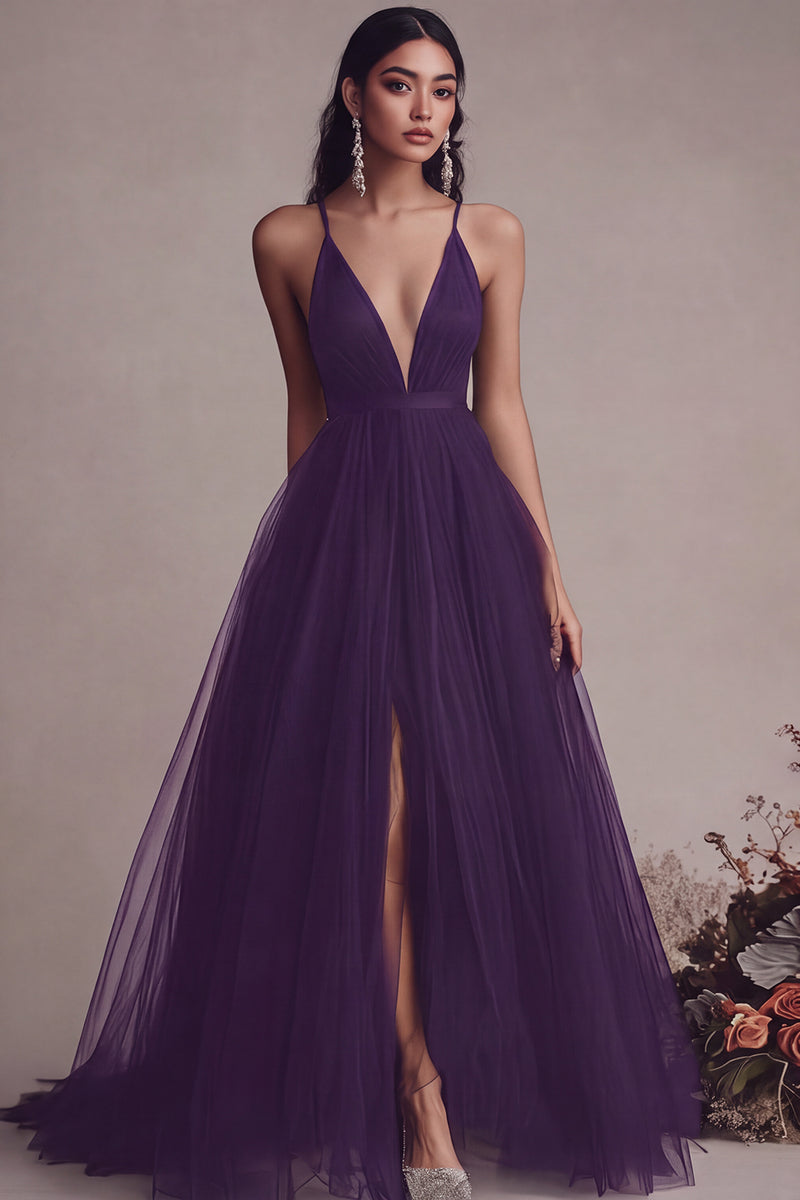 Laden Sie das Bild in den Galerie-Viewer, Schwarzes Langes Abendkleid aus Tüll mit Spaghettiträgern und Schlitz in A-Linie