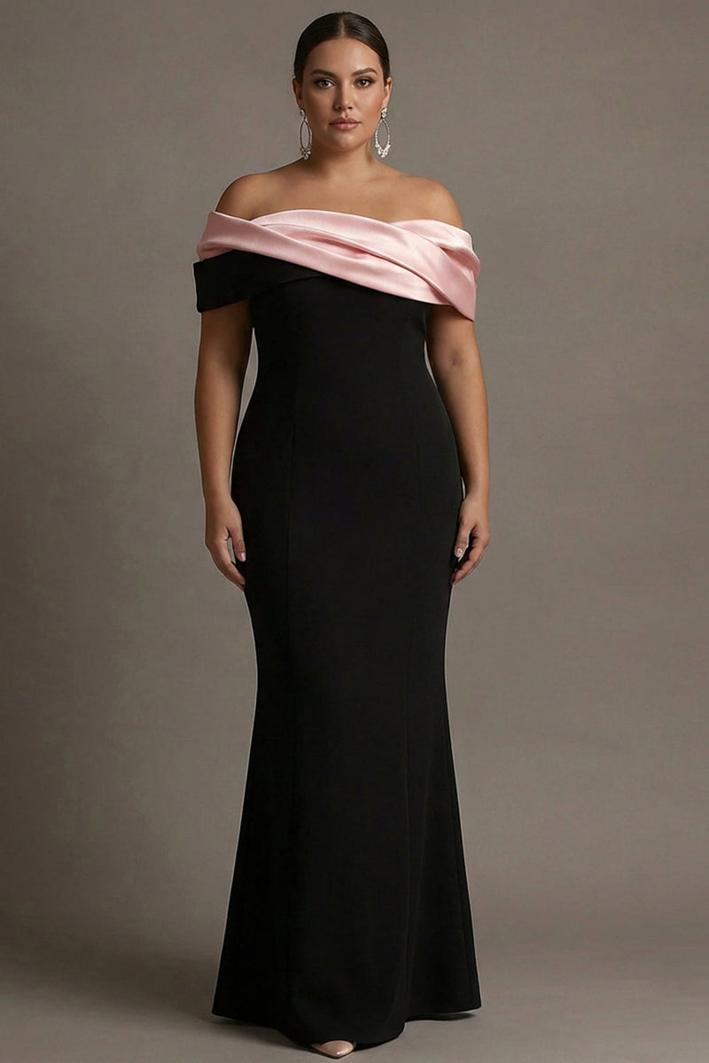 Laden Sie das Bild in den Galerie-Viewer, Schwarz-Rosa Meerjungfrauen Schulterfreies Satin Langes Abendkleid in Übergröße